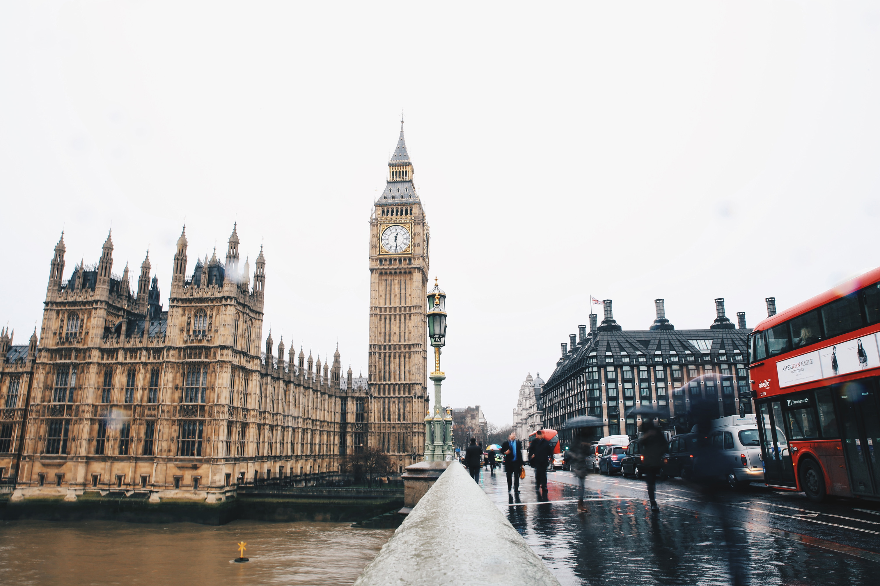 Big Ben in London with gloomy skies.